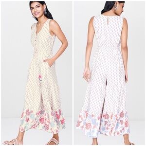 Global Desi Boho Vneck floral print jumpsuit, wide leg, sleeveless, sz XS